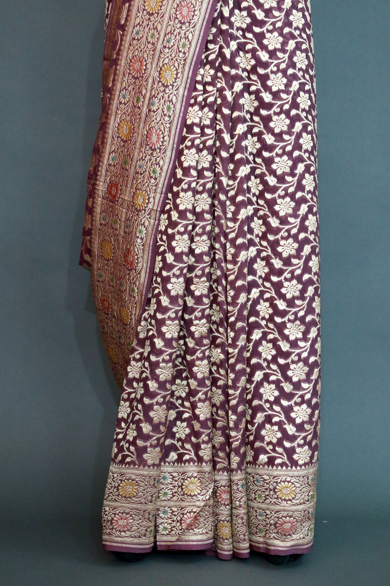 Mauve khaddi georgette cutwork floral jaal meenakari banarasi saree