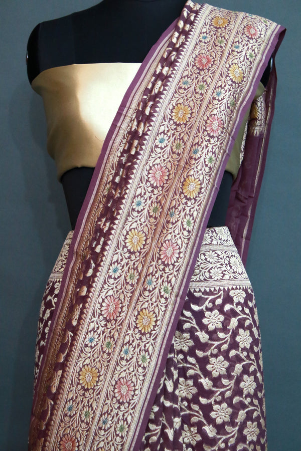 Mauve khaddi georgette cutwork floral jaal meenakari banarasi saree