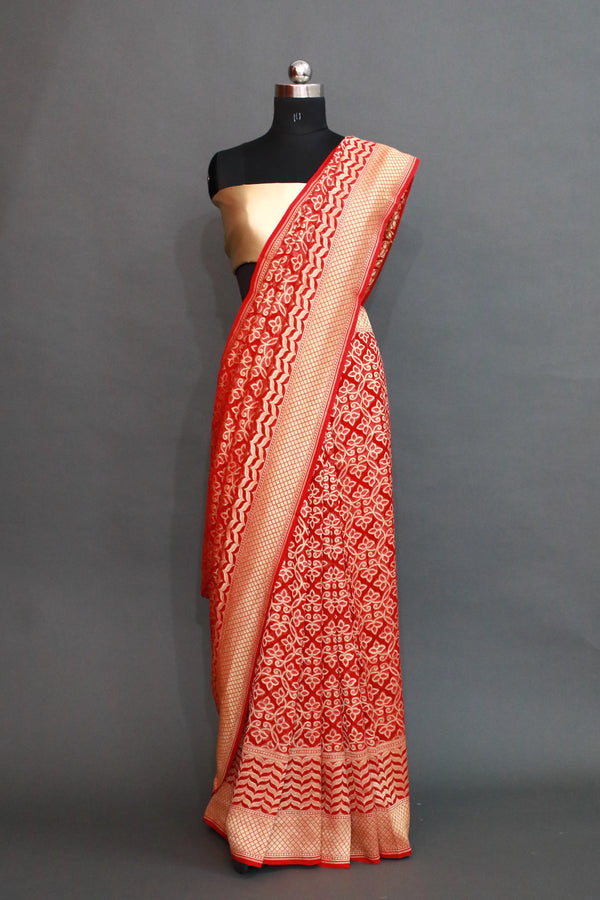 Red Khaddi Georgette Cutwork Geometrical Jaal Saree