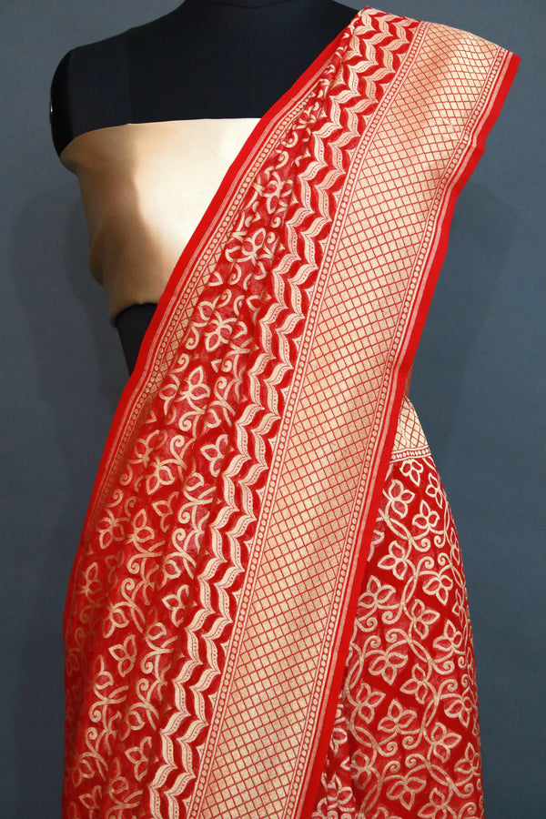 Red Khaddi Georgette Cutwork Geometrical Jaal Saree