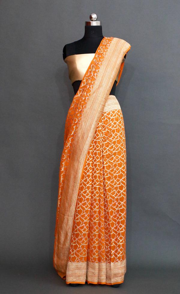 Orange Khaddi Georgette Designer Meenakari Banarasi Saree