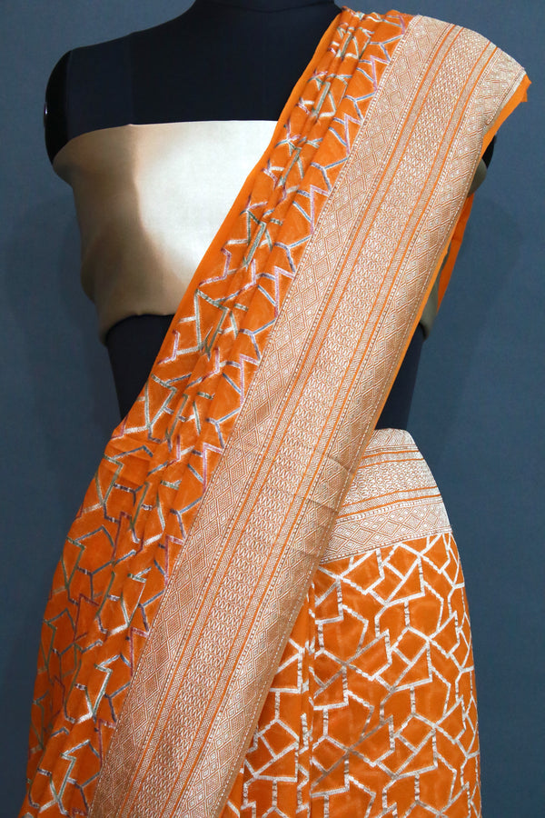 Orange Khaddi Georgette Designer Meenakari Banarasi Saree