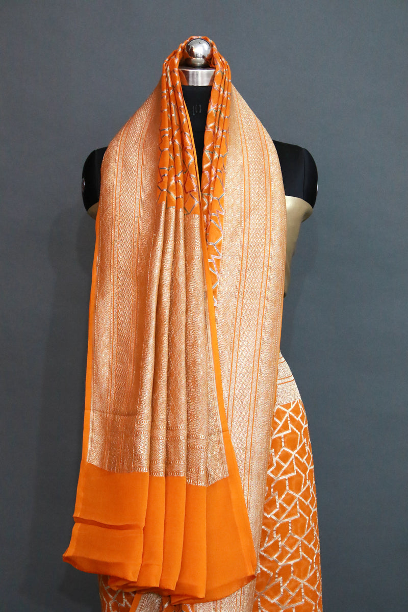 Orange Khaddi Georgette Designer Meenakari Banarasi Saree