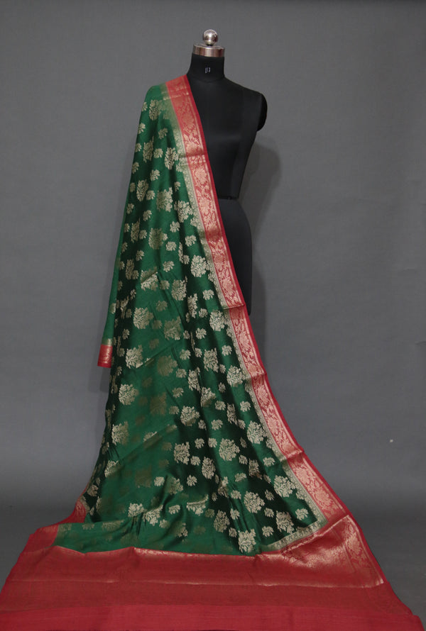 Bottle Green and Red Muga Contrast Dye Banarasi Saree