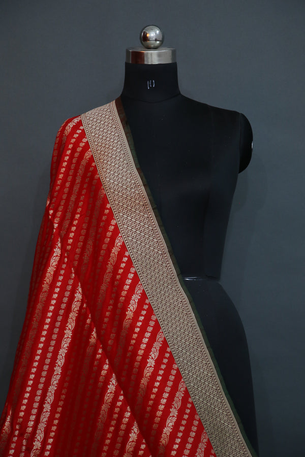 Red Contrast Dye Kataan Saree in Geometric Pattern
