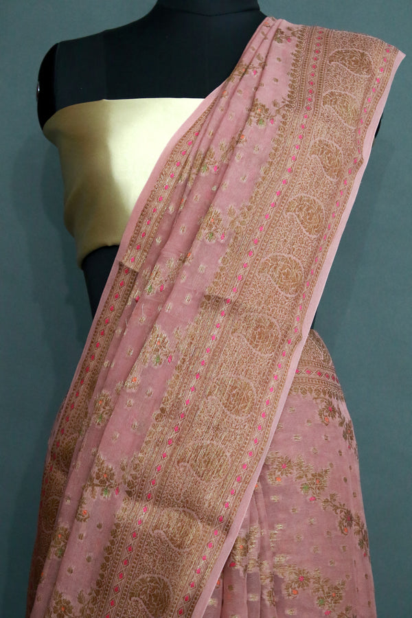 Onion Pink Chiffon Silk Meena Zari Work Saree