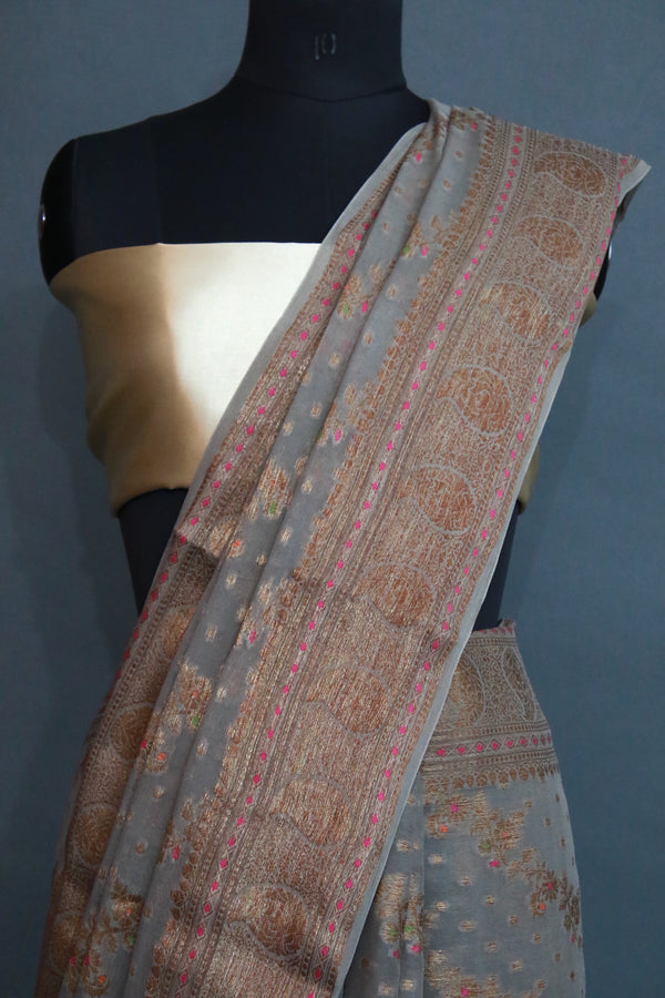 Grey CHIFFON SILK MEENA ZARI WORK SAREE