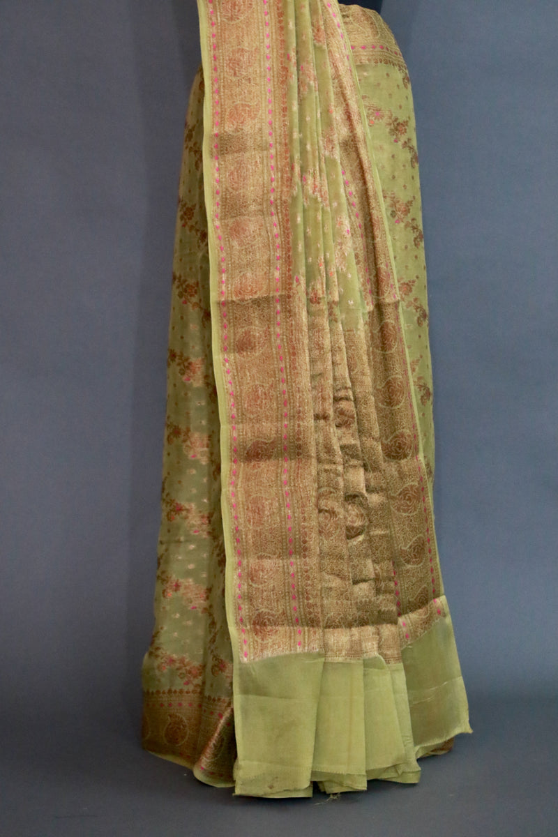 Pista Green CHIFFON SILK MEENA ZARI WORK SAREE