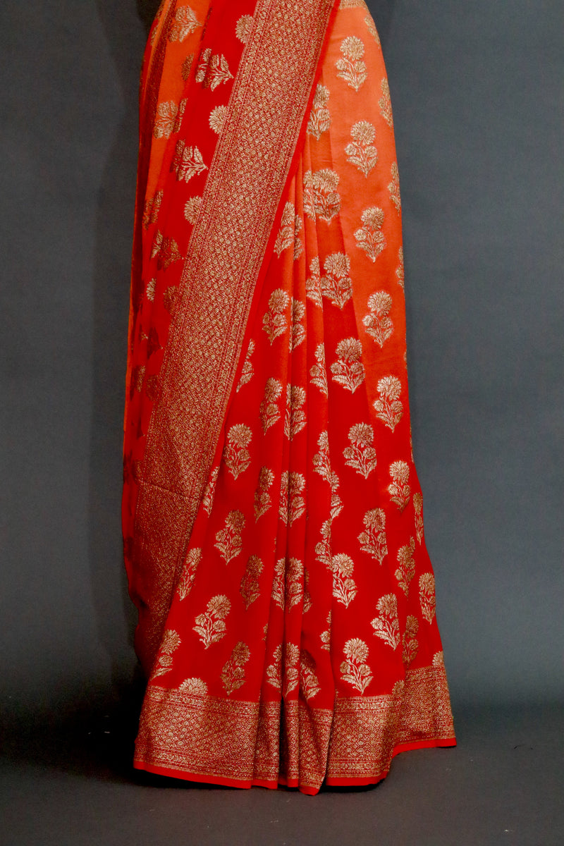 Red and Orange shaded Khaddi Georgette Saree