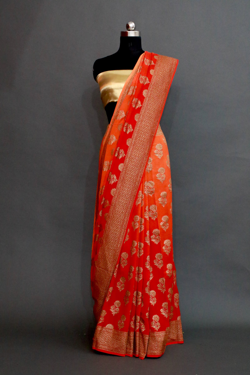 Red and Orange shaded Khaddi Georgette Saree