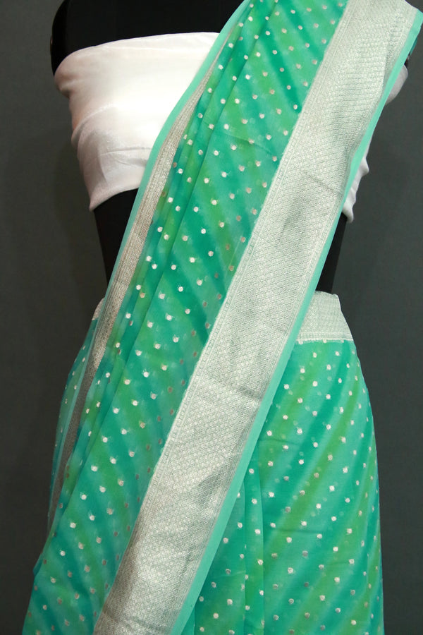 Green KHADDI GEORGETTE WATER ZARI SAREE WITH SEA GREEN TEXTURE