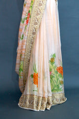 PEACH CHIFFON SILK HAND PAINTED SAREE