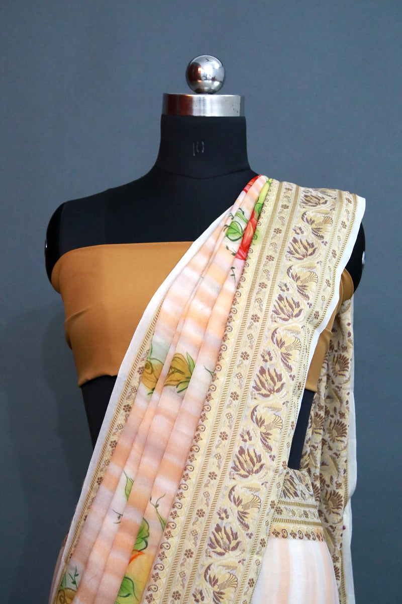 PEACH CHIFFON SILK HAND PAINTED SAREE