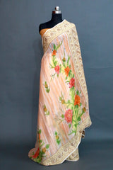 PEACH CHIFFON SILK HAND PAINTED SAREE