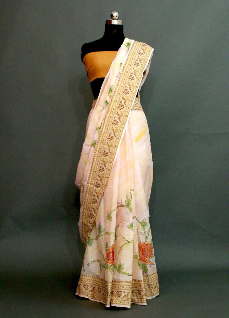 WATER PINK CHIFFON SILK HAND PAINTED SAREE