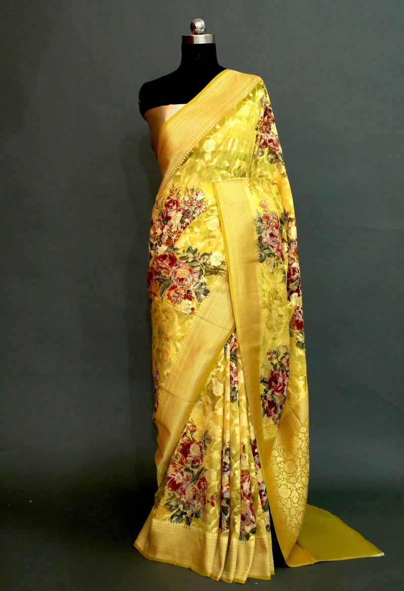 Lime Yellow Khaddi Georgette Digital Print saree