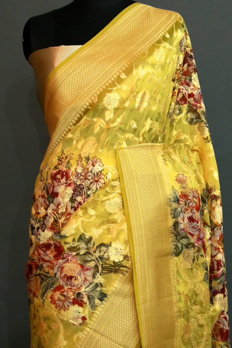 Lime Yellow Khaddi Georgette Digital Print saree