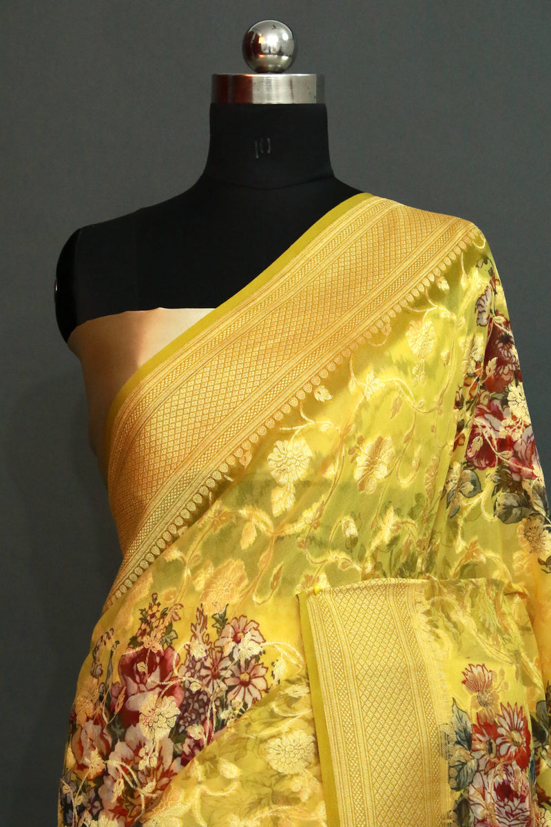 Lime Yellow Khaddi Georgette Digital Print saree