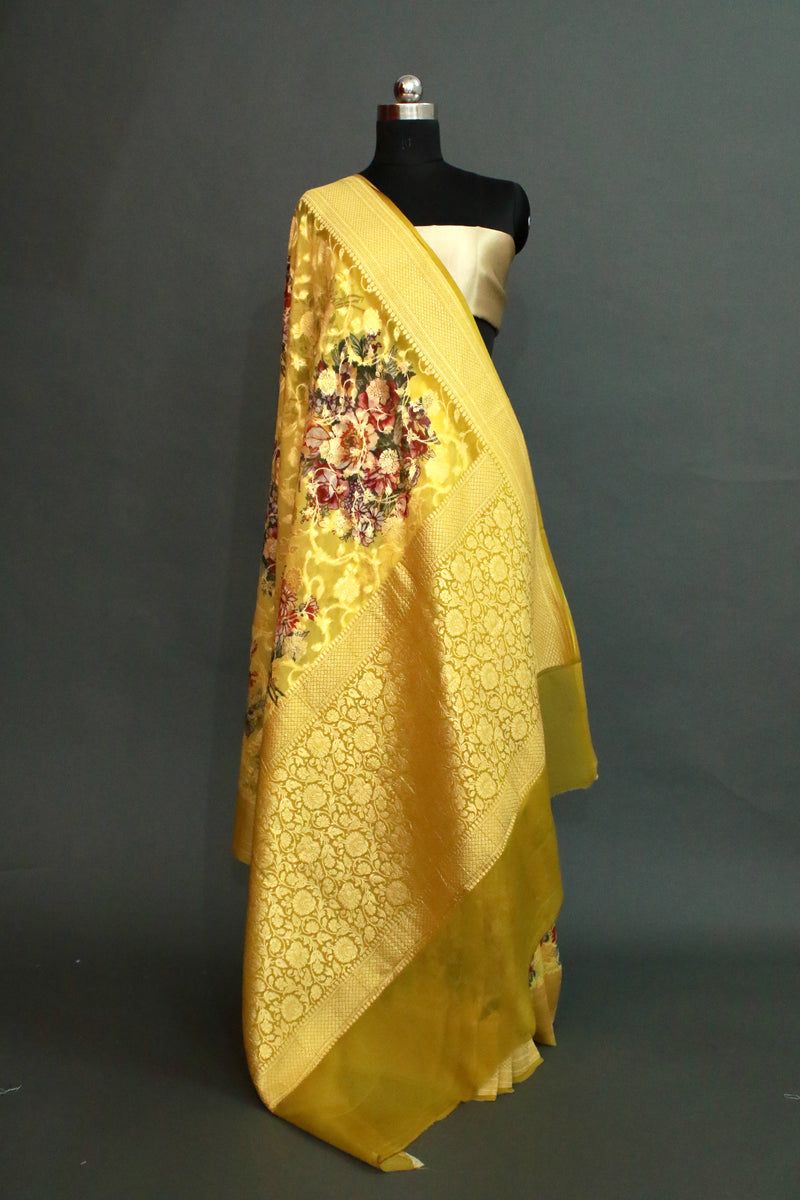 Lime Yellow Khaddi Georgette Digital Print saree