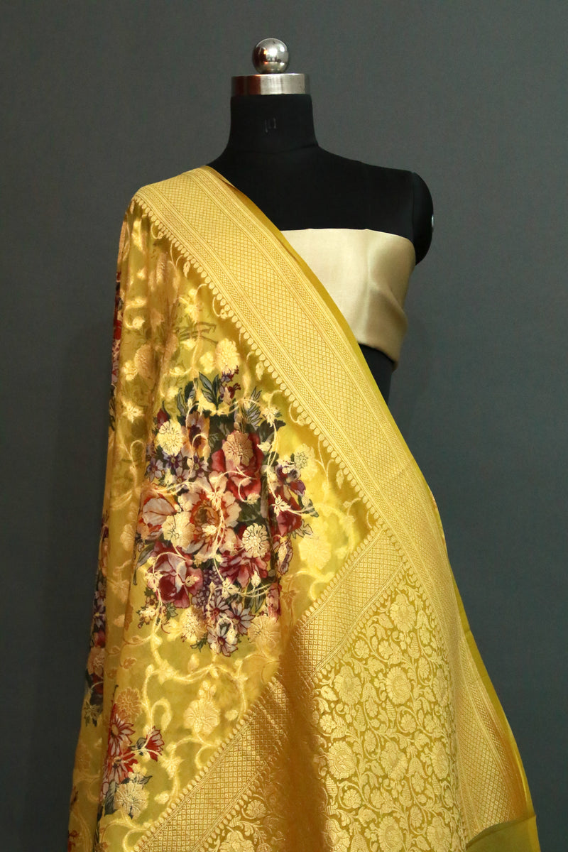 Lime Yellow Khaddi Georgette Digital Print saree