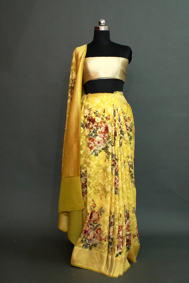 Lime Yellow Khaddi Georgette Digital Print saree