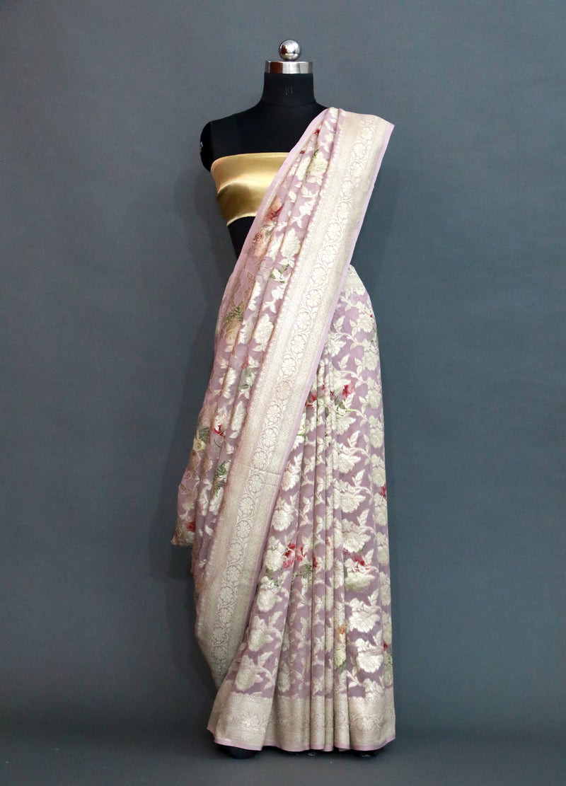 LAVENDER DIGITAL PRINT ZARI WOVEN KHADDI GEORGETTE SAREE