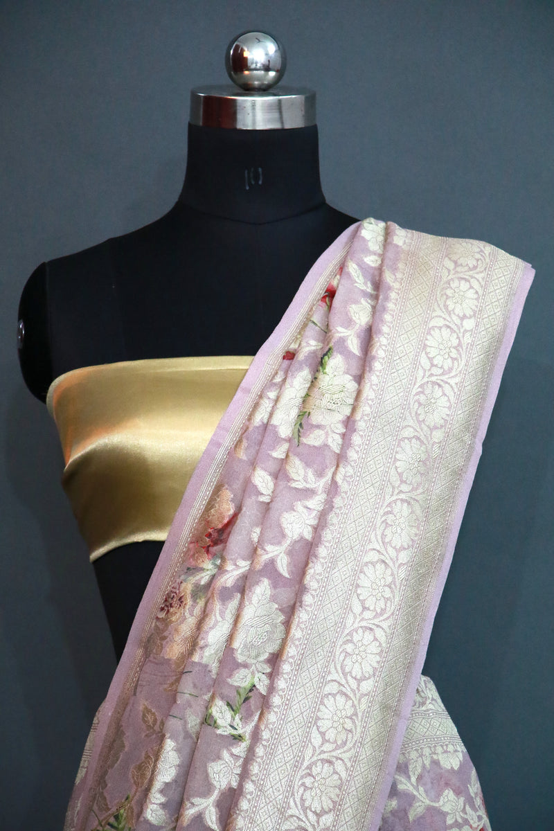 LAVENDER DIGITAL PRINT ZARI WOVEN KHADDI GEORGETTE SAREE