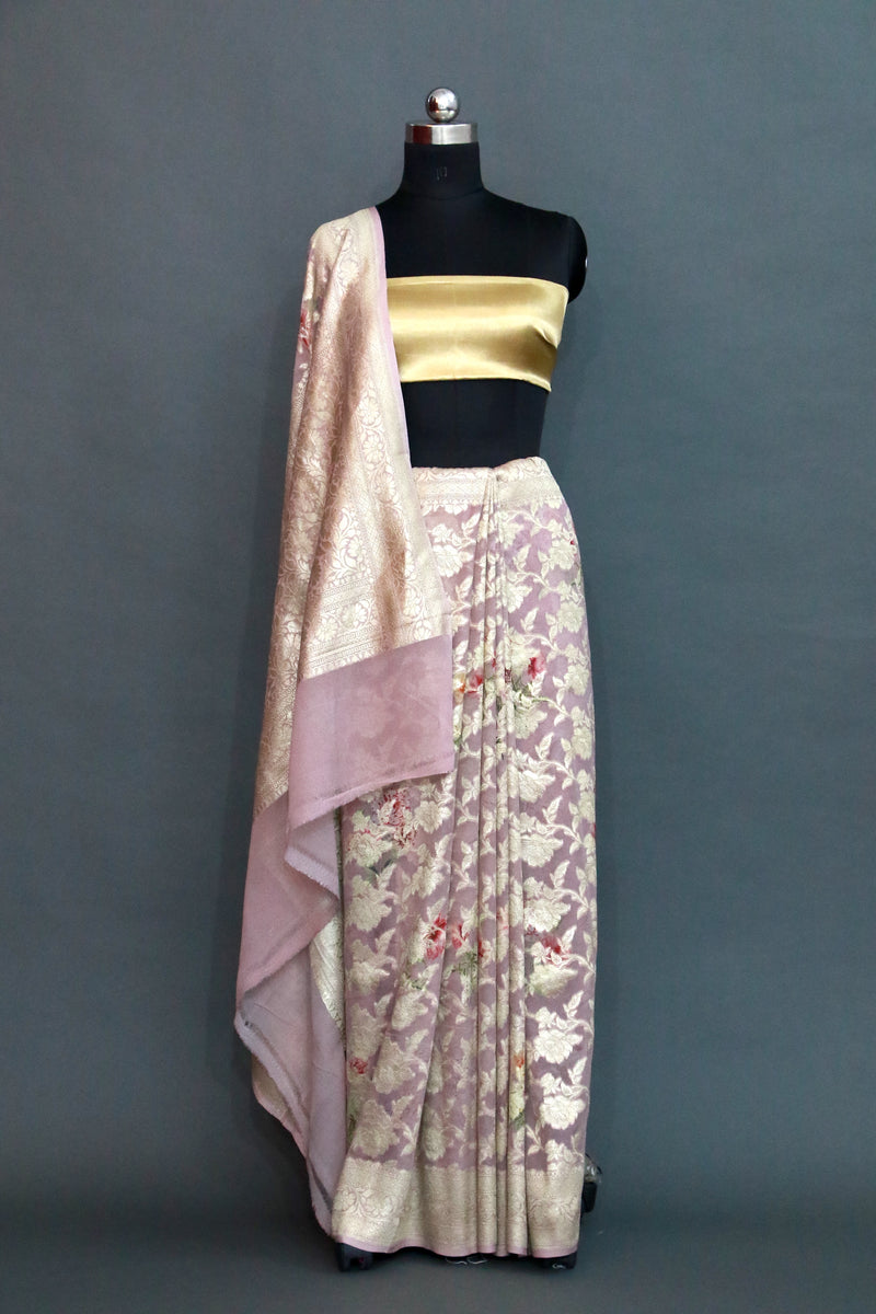 LAVENDER DIGITAL PRINT ZARI WOVEN KHADDI GEORGETTE SAREE