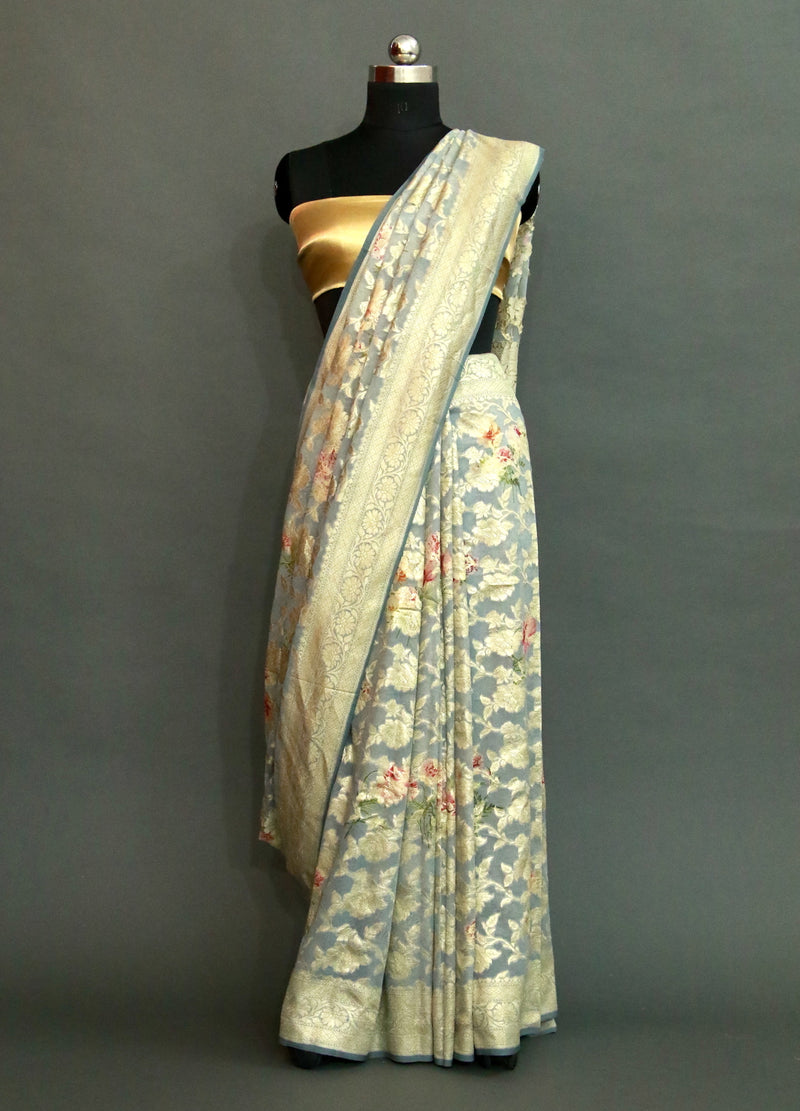 Grey DIGITAL PRINT Zari Woven KHADDI GEORGETTE Saree