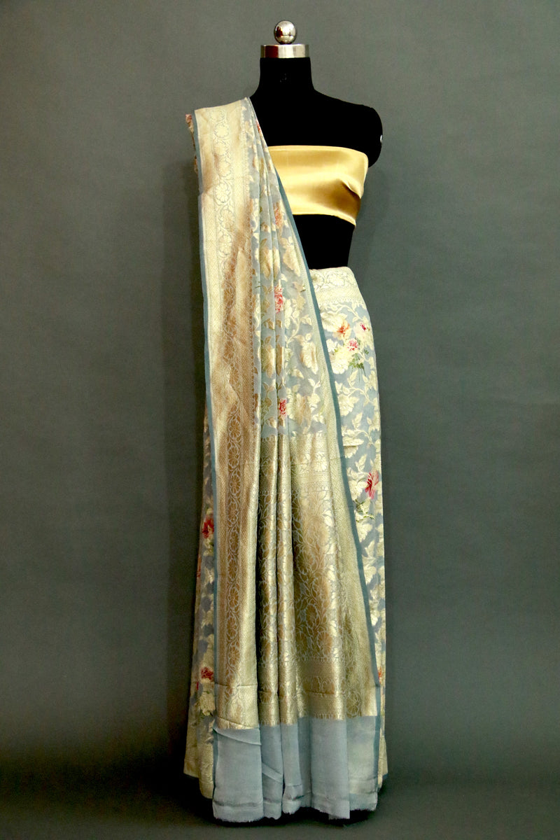 Grey DIGITAL PRINT Zari Woven KHADDI GEORGETTE Saree