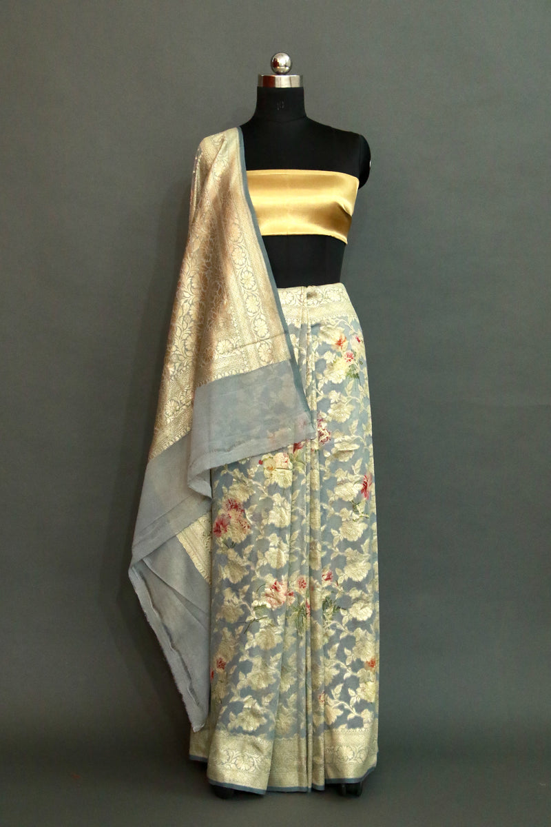 Grey DIGITAL PRINT Zari Woven KHADDI GEORGETTE Saree