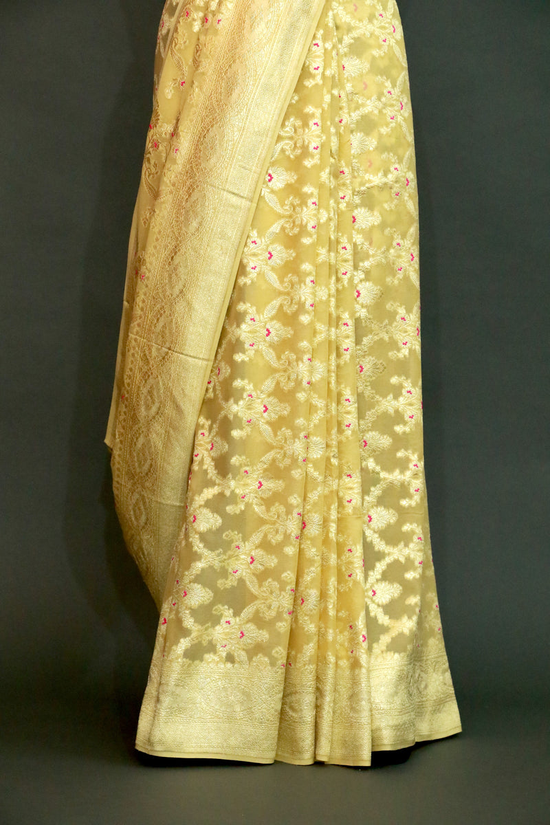 Lemon Khaddi Georgette Meenakari Saree