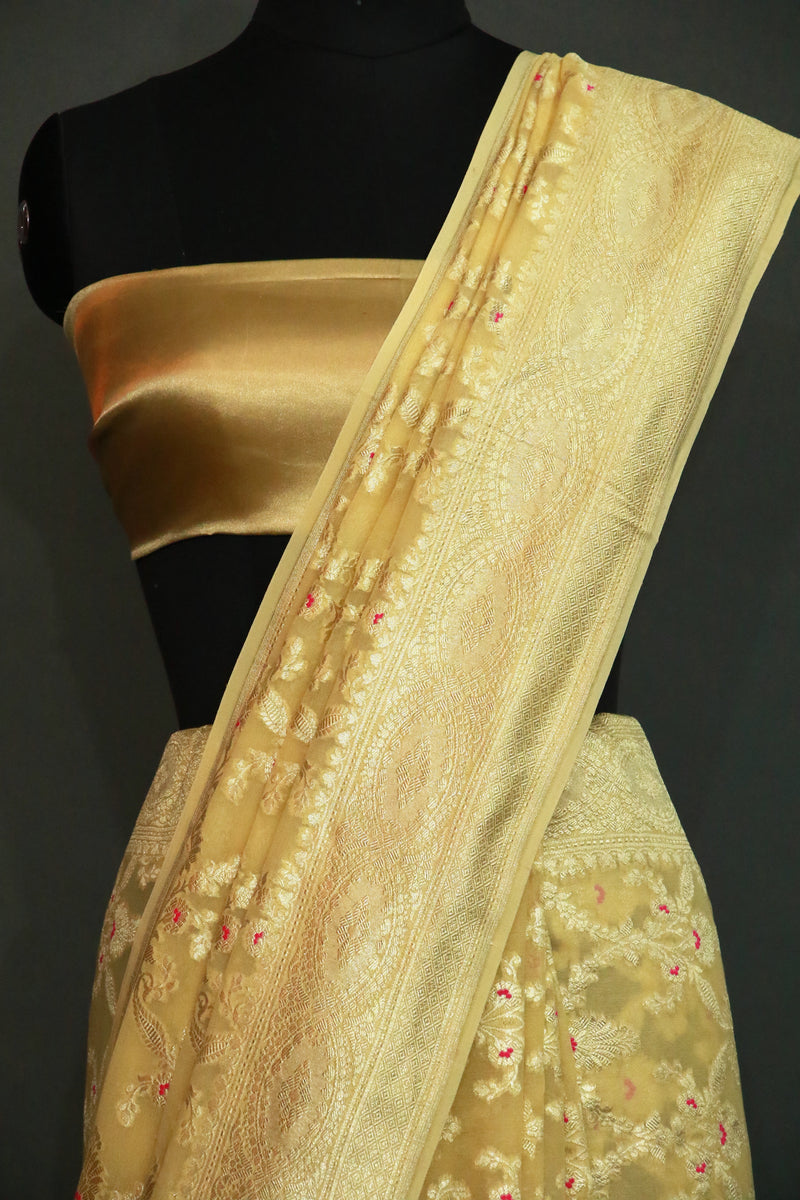 Lemon Khaddi Georgette Meenakari Saree