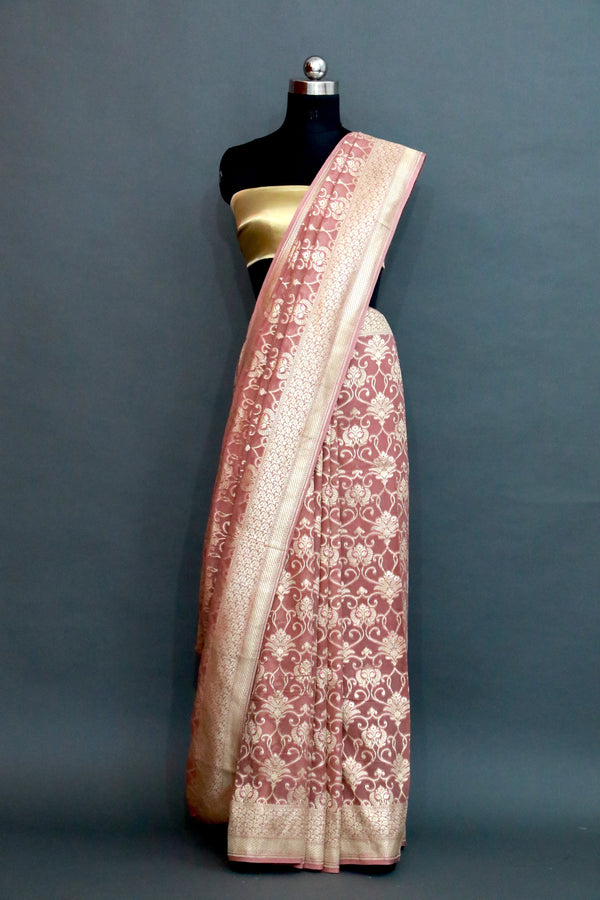 Onion Pink Khaddi Georgette Meenakari Saree