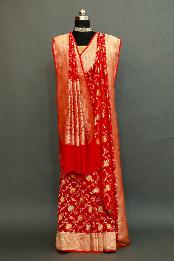 Red Khaddi Georgette Meenakari Jaal Saree