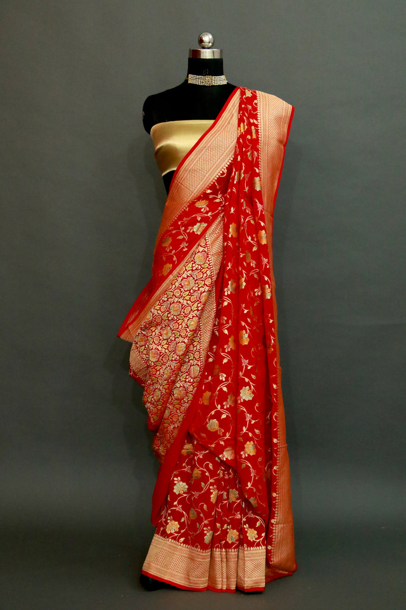 Red Khaddi Georgette Meenakari Jaal Saree