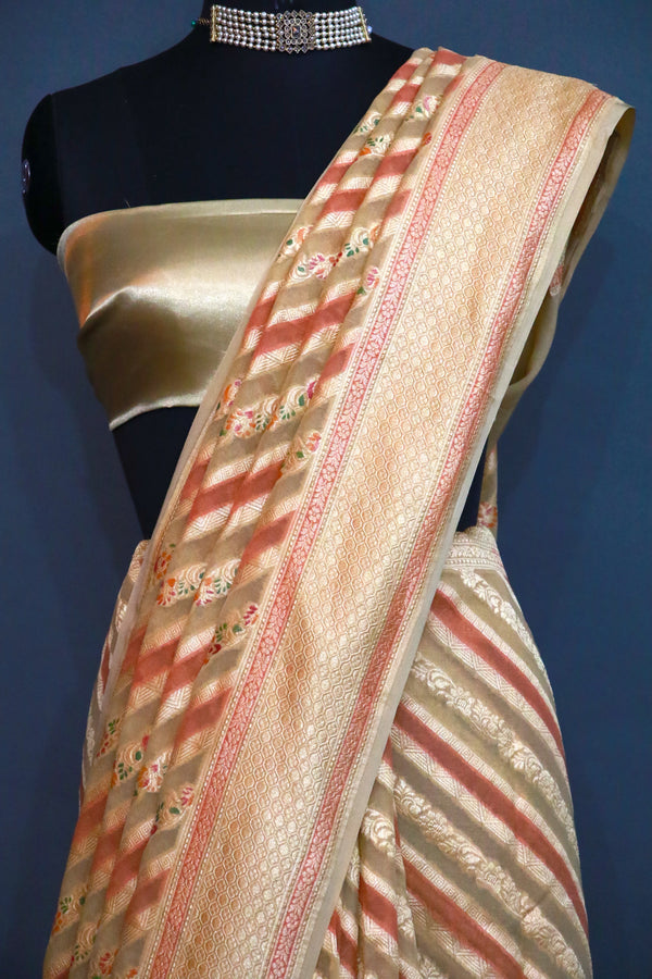 Chiku beige khaddi gerogette Rangkaat with Meenakari saree