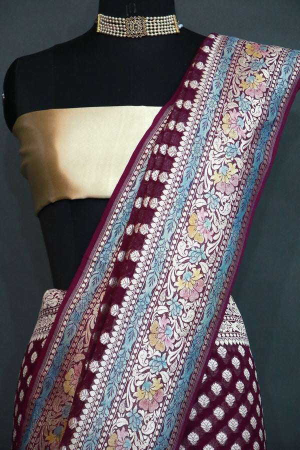 Wine Khaddi Georgette Meenakari Saree