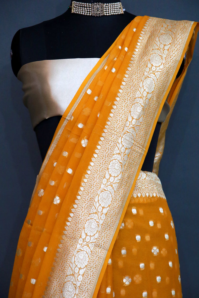 Mustard Khaddi Georgette Cutwork Saree