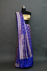 Royal Blue Handwoven Tilfi Jamawar Zari Booti Saree