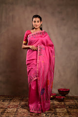 Rani Pink Cotton silk hand work saree