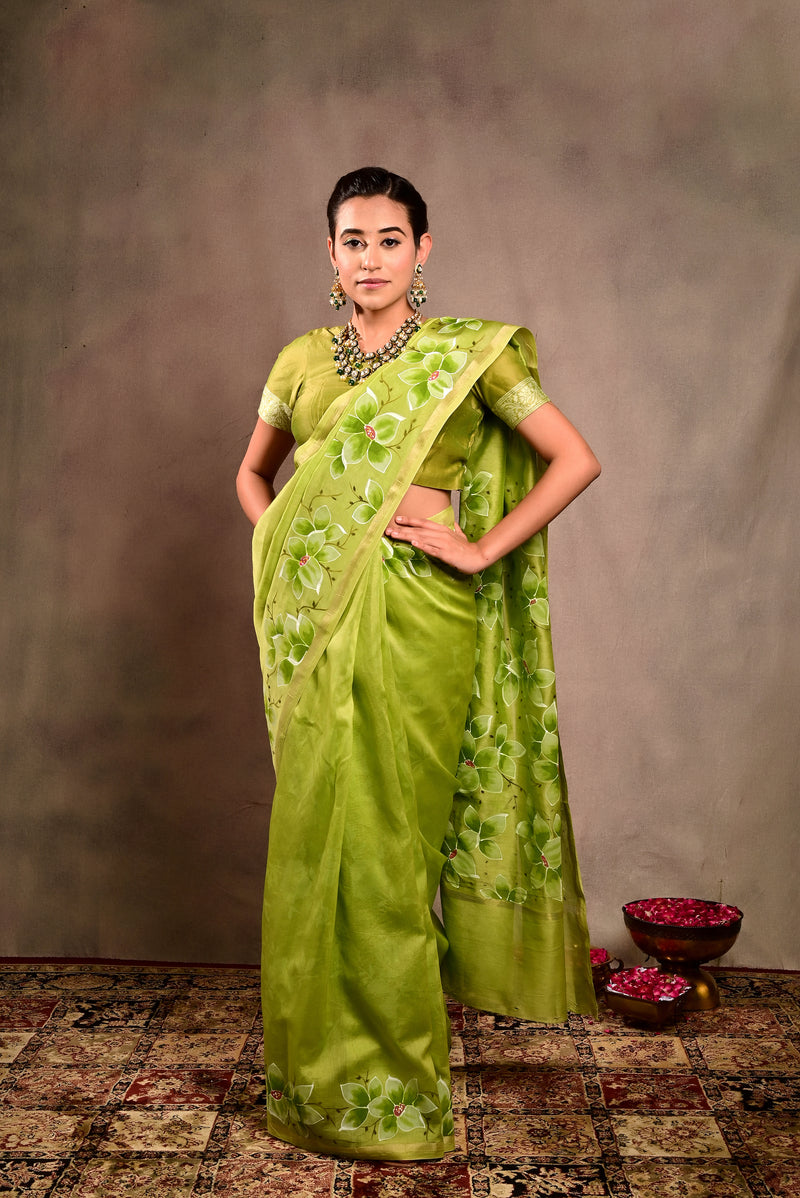 Green Cotton silk hand work saree