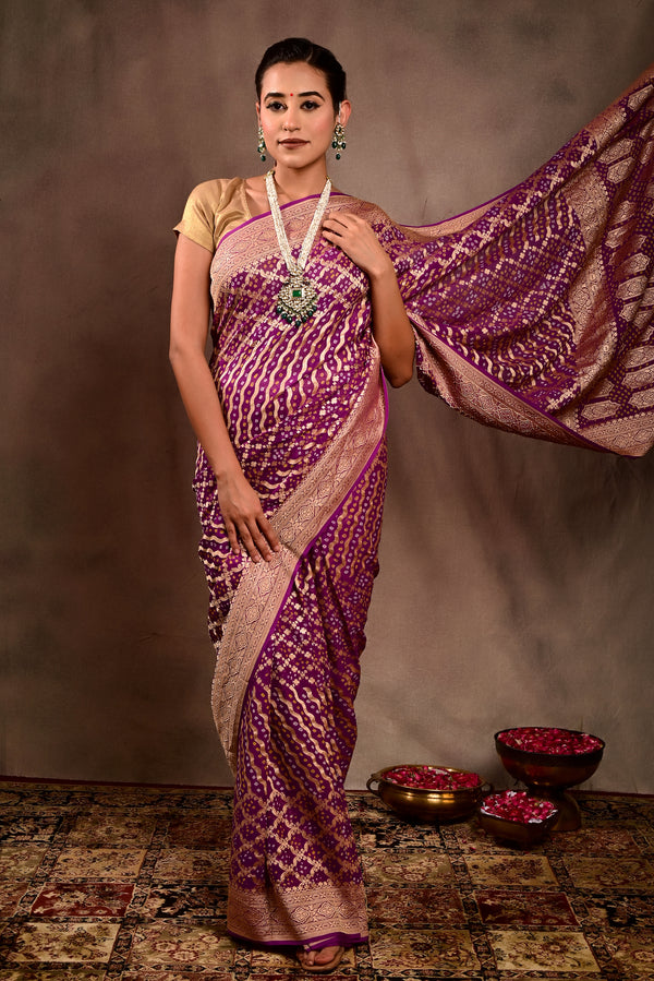 Purple Khaddi georgett bandhej saree