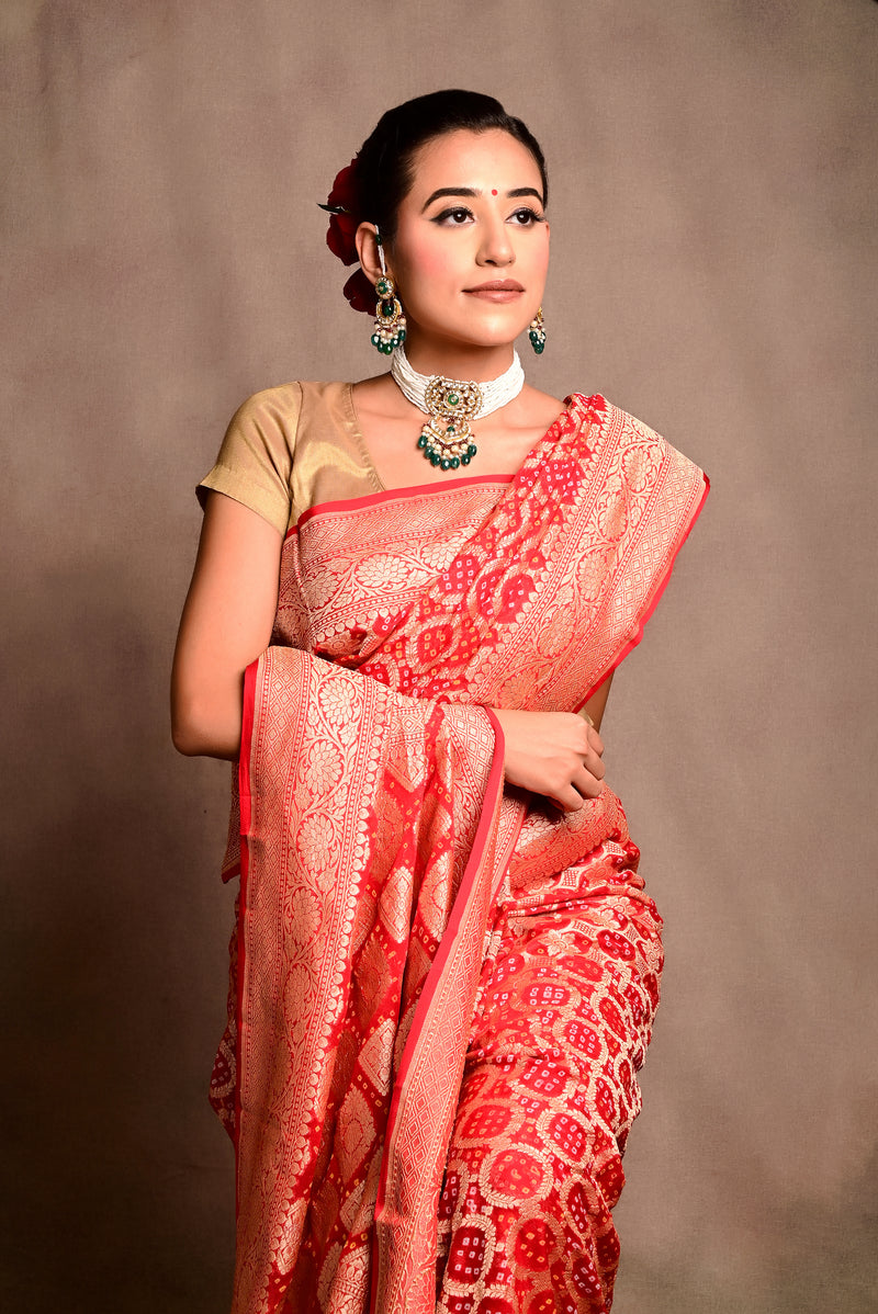 Red Khaddi georgett bandhej saree