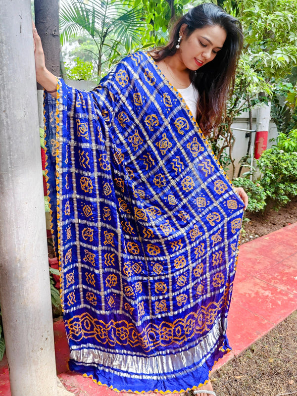 Royal Blue Gajji Bandhej Pure Silk Dupatta