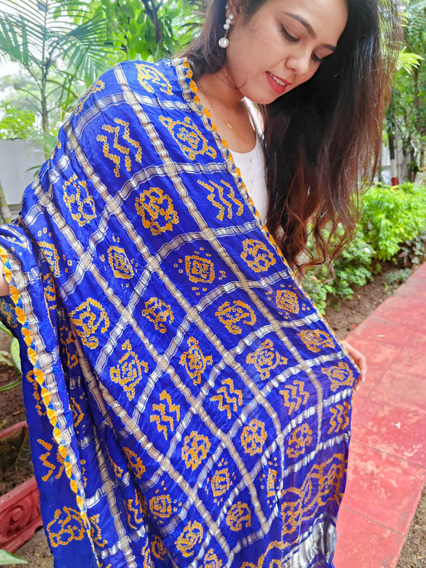 Royal Blue Gajji Bandhej Pure Silk Dupatta