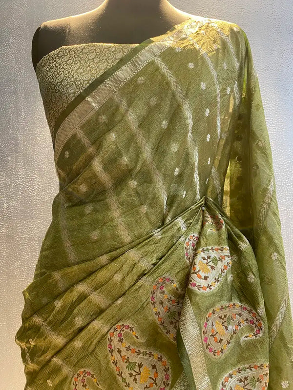 Kora tissue banarasi crush saree in semi silk Meenakari border