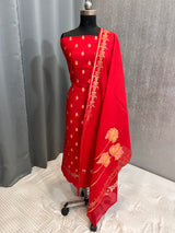 Banarasi Red Cotton Silk Dress Material