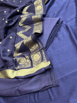 Banarasi Navy Blue Cotton Silk Dress Material