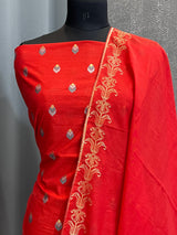 Banarasi Red Cotton Silk Dress Material
